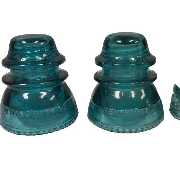 Set of 3 Vintage 1898 Hemingray 42 Heavy Clear Made In USA Blue Glass Insulators - Picture 2 of 8